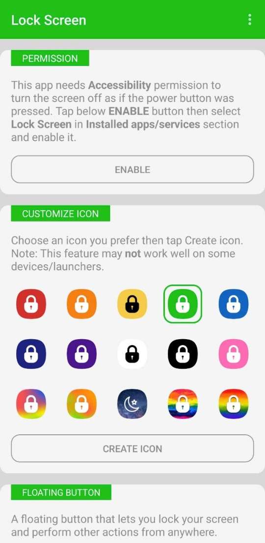 Turn Off Screen app - floating lock button on Android